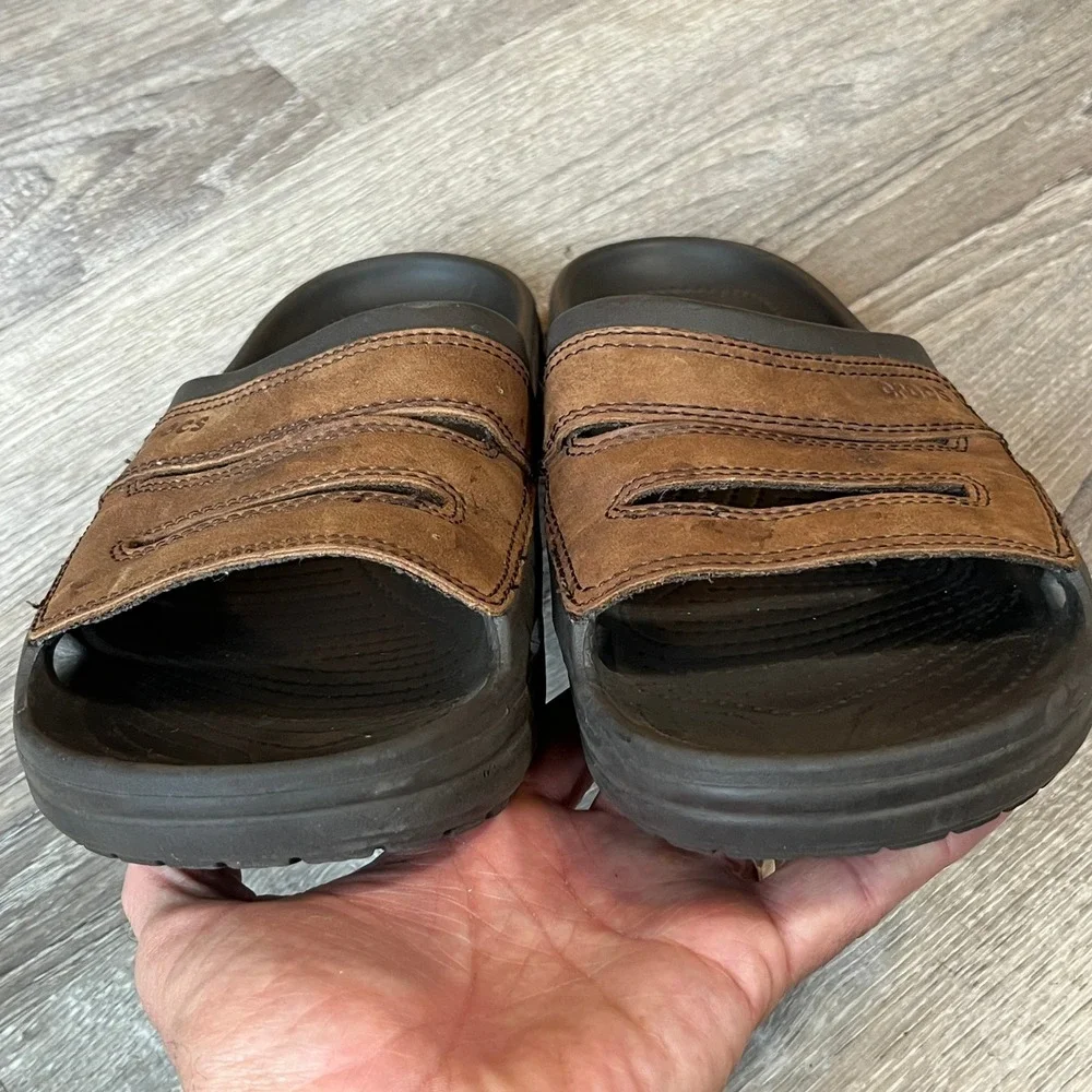 Crocs Yukon Slide Sandals Mens 13 Brown Leather Espresso Croslite Slip On Shoes